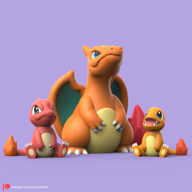 Chibi Charmander, Charmeleon, Charizard